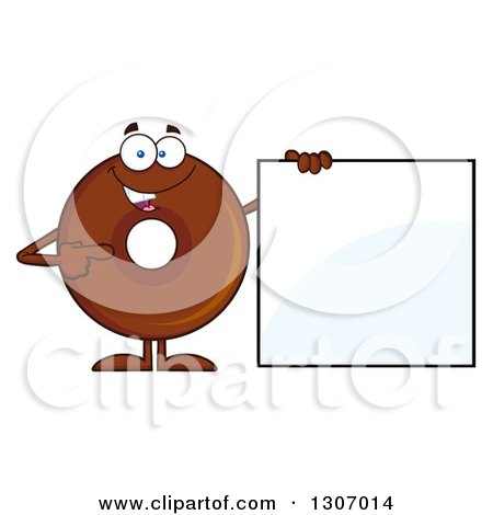 Clipart of a Cartoon Happy Round Chocolate Donut Character Holding and Pointing to a Blank Sign - Royalty Free Vector Illustration by Hit Toon