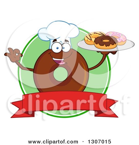 Clipart of a Cartoon Happy Round Chocolate Donut Chef Character Holding a Tray of Doughnuts over a Blank Banner and Green Circle - Royalty Free Vector Illustration by Hit Toon