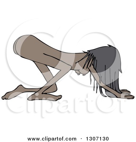 Clipart of a Cartoon Naked Black Woman Bowing and Kneeling - Royalty Free Vector Illustration by djart