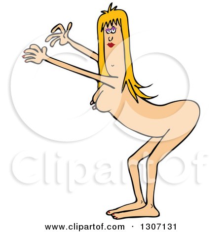 Clipart of a Cartoon Naked Blond White Woman Bending over with Her Arms out - Royalty Free Vector Illustration by djart