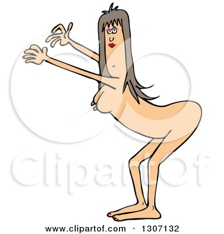 Clipart of a Cartoon Naked Brunette White Woman Bending over with Her Arms out - Royalty Free Vector Illustration by djart