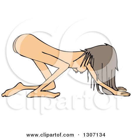 Clipart of a Cartoon Naked White Woman Bowing and Kneeling - Royalty Free Vector Illustration by djart
