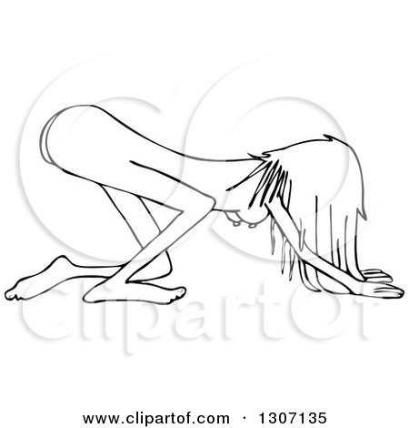 Lineart Clipart of a Cartoon Black and White Naked Woman Bowing and Kneeling - Royalty Free Outline Vector Illustration by djart