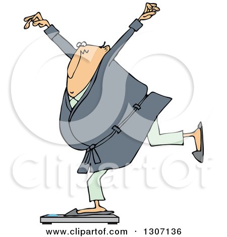 Clipart of a Cartoon Chubby White Man in a Robe and Pjs, Balancing on a Scale - Royalty Free Vector Illustration by djart