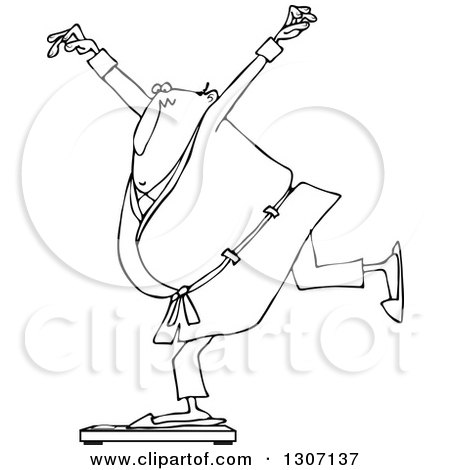 Lineart Clipart of a Cartoon Black and White Chubby Man in a Robe and Pjs, Balancing on a Scale - Royalty Free Outline Vector Illustration by djart