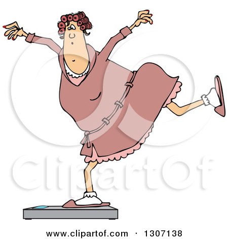 Clipart of a Cartoon Chubby White Woman in a Robe and Pjs, Balancing on a Scale - Royalty Free Vector Illustration by djart