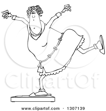 Lineart Clipart of a Cartoon Black and White Chubby Woman in a Robe and Pjs, Balancing on a Scale - Royalty Free Outline Vector Illustration by djart