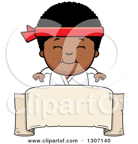 Clipart of a Cartoon Happy Black Karate Boy Smiling over a Blank Banner Sign - Royalty Free Vector Illustration by Cory Thoman