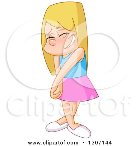 Clipart of a Cartoon Bashful Shy Blond White Girl - Royalty Free Vector Illustration by yayayoyo