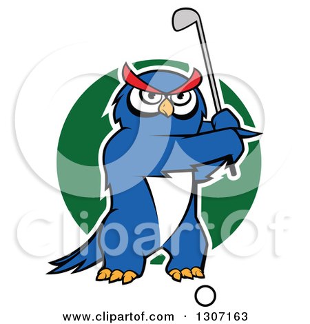 Clipart of a Cartoon White Outlined Blue Owl Golfer Swinging a Club over a Green Circle - Royalty Free Vector Illustration by Vector Tradition SM