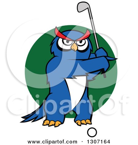 Clipart of a Cartoon Blue Owl Golfer Swinging a Club over a Green Circle - Royalty Free Vector Illustration by Vector Tradition SM