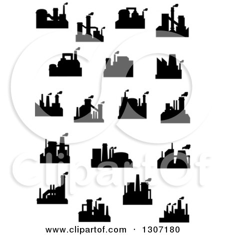 Clipart of Black Silhouetted Refinery Factories - Royalty Free Vector Illustration by Vector Tradition SM