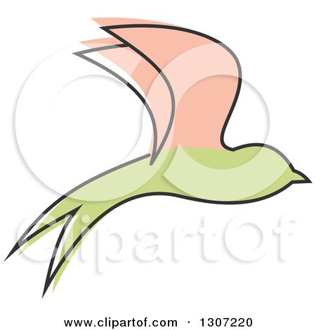 Clipart of a Sketched Flying Beige and Green Swallow Bird - Royalty Free Vector Illustration by Vector Tradition SM