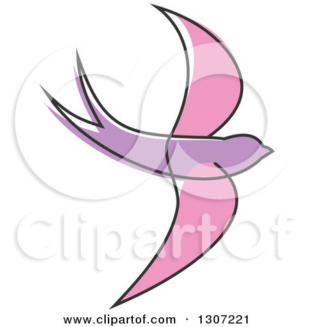 Clipart of a Sketched Flying Pink and Purple Swallow Bird 2 - Royalty Free Vector Illustration by Vector Tradition SM