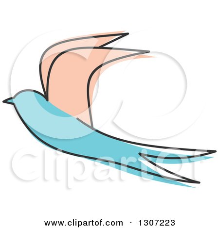Clipart of a Sketched Flying Beige and Blue Swallow Bird - Royalty Free Vector Illustration by Vector Tradition SM