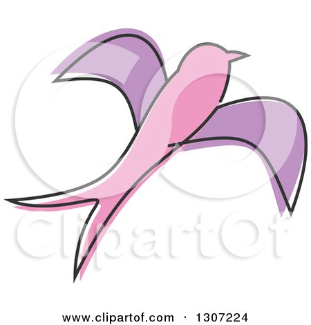 Clipart of a Sketched Flying Pink and Purple Swallow Bird - Royalty Free Vector Illustration by Vector Tradition SM