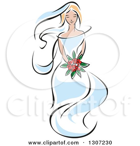 Clipart of a Sketched Blond Caucasian Bride in a Blue Dress, Holding a Bouquet of Red Flowers 2 - Royalty Free Vector Illustration by Vector Tradition SM