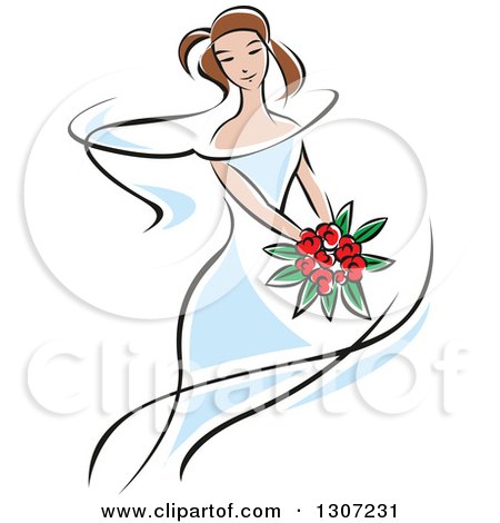 Clipart of a Sketched Brunette Caucasian Bride in a Blue Dress, Holding a Bouquet of Red Flowers - Royalty Free Vector Illustration by Vector Tradition SM