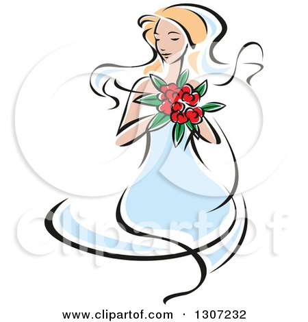 Clipart of a Sketched Blond Caucasian Bride in a Blue Dress, Holding a Bouquet of Red Flowers - Royalty Free Vector Illustration by Vector Tradition SM