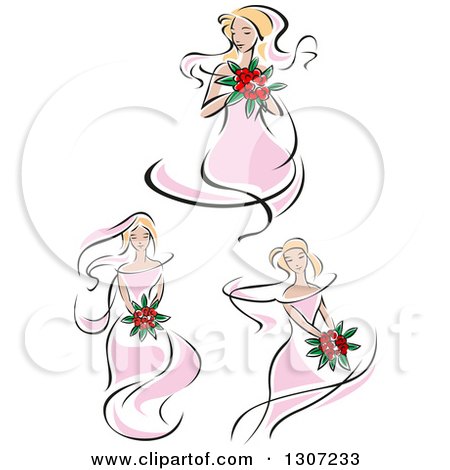 Clipart of Sketched Blond Caucasian Brides in Pink Dresses, Holding Bouquets of Red Flowers - Royalty Free Vector Illustration by Vector Tradition SM