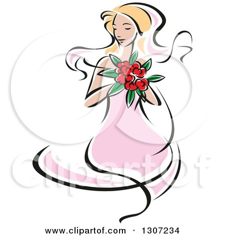 Clipart of a Sketched Blond Caucasian Bride in a Pink Dress, Holding a Bouquet of Red Flowers 2 - Royalty Free Vector Illustration by Vector Tradition SM