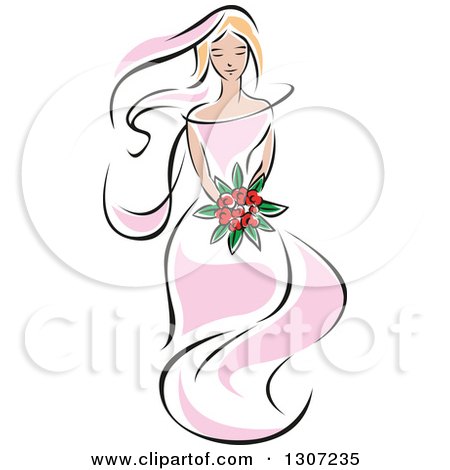 Clipart of a Sketched Blond Caucasian Bride in a Pink Dress, Holding a Bouquet of Red Flowers 2 - Royalty Free Vector Illustration by Vector Tradition SM