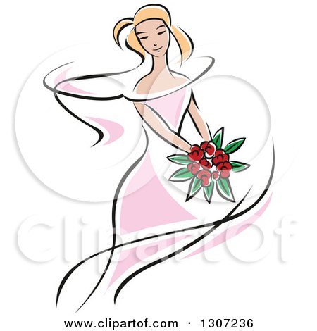 Clipart of a Sketched Blond Caucasian Bride in a Pink Dress, Holding a Bouquet of Red Flowers 3 - Royalty Free Vector Illustration by Vector Tradition SM