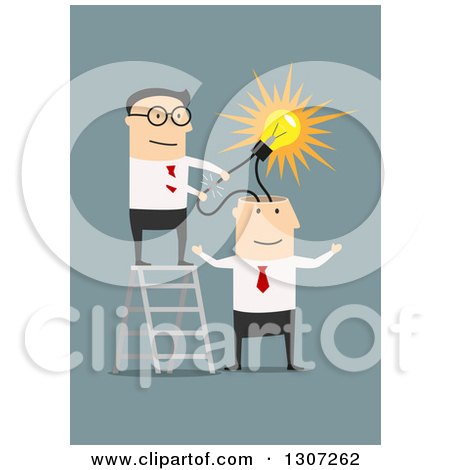 Clipart of a Flat Design White Businessman Wiring an Idea into an Employee's Brain, on Blue - Royalty Free Vector Illustration by Vector Tradition SM