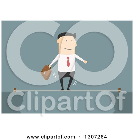 Clipart of a Flat Design White Businessman Walking a Tightrope, on Blue - Royalty Free Vector Illustration by Vector Tradition SM
