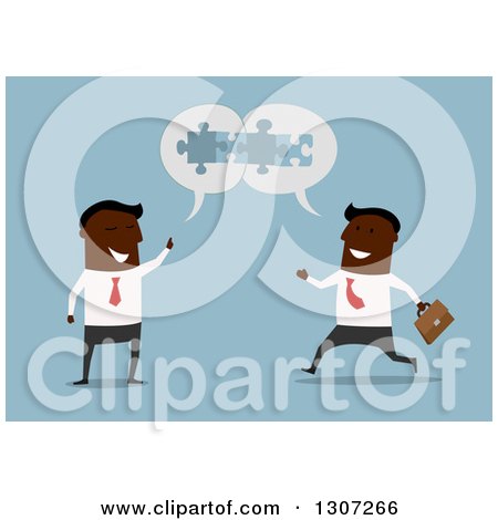 Clipart of Flat Design Black Businessmen Ready to Partner, on Blue - Royalty Free Vector Illustration by Vector Tradition SM