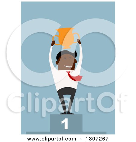 Clipart of a Flat Design Black Businessman Winner Holding up a Trophy on a Podium, on Blue - Royalty Free Vector Illustration by Vector Tradition SM