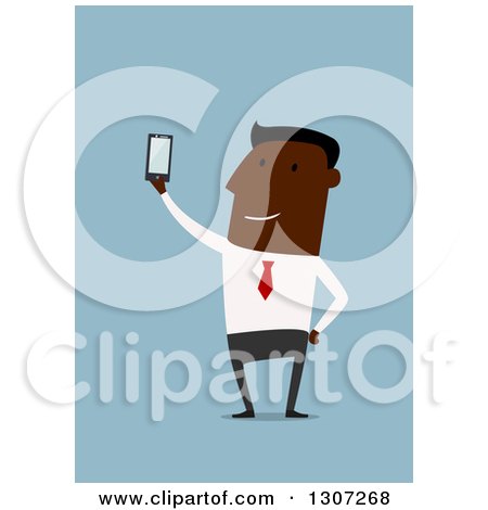 Clipart of a Flat Design Black Businessman Taking a Selfie with a Cell Phone, on Blue - Royalty Free Vector Illustration by Vector Tradition SM