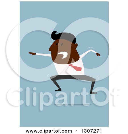 Clipart of a Flat Design Black Businessman Jumping, Shouting and Pointing on Blue - Royalty Free Vector Illustration by Vector Tradition SM