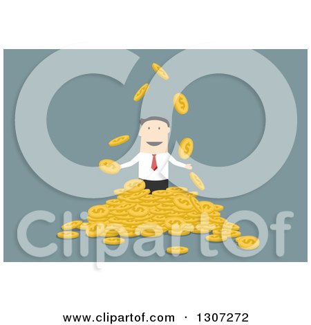 Clipart of a Flat Design White Businessman with a Pile of Dollar Coins, on Blue - Royalty Free Vector Illustration by Vector Tradition SM