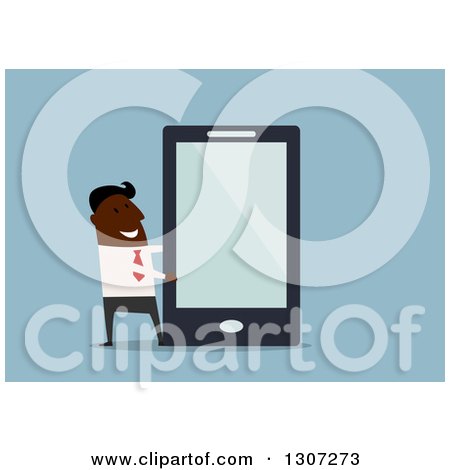 Clipart of a Flat Design Black Businessman Presenting a Giant Smart Cell Phone, on Blue - Royalty Free Vector Illustration by Vector Tradition SM