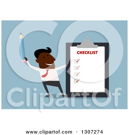 Clipart of a Flat Design Black Businessman Holding up a Pencil by a Check List, on Blue - Royalty Free Vector Illustration by Vector Tradition SM