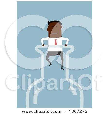 Clipart of a Flat Design Black Businessman Stuck in a Bottle, on Blue - Royalty Free Vector Illustration by Vector Tradition SM