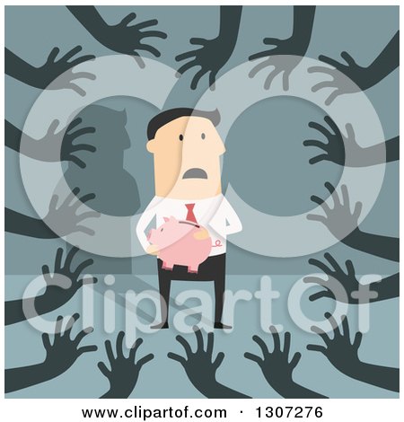 Clipart of a Flat Design Scared White Businessman Holding a Pink Piggy Bank Surrounded by Thief Hands, on Blue - Royalty Free Vector Illustration by Vector Tradition SM