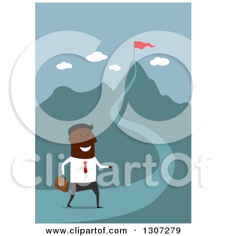 Clipart of a Flat Design Black Businessman Walking on a Path to a Top of a Hill - Royalty Free Vector Illustration by Vector Tradition SM
