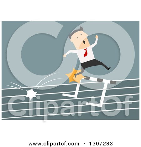 Clipart of a Flat Modern White Businessman Hitting a Hurdle on a Track - Royalty Free Vector Illustration by Vector Tradition SM
