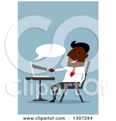 Clipart of a Flat Design Black Businessman Shaking Hands Through a Computer, on Blue - Royalty Free Vector Illustration by Vector Tradition SM