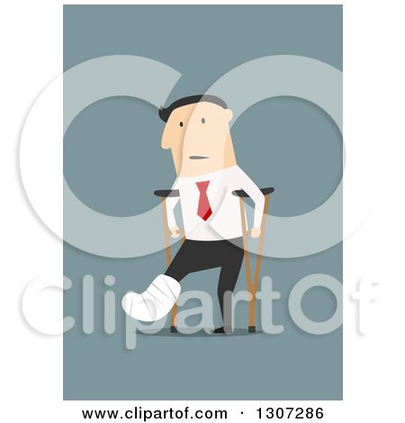 Clipart of a Flat Design of a Hurt White Businessman Using Crutches on Blue - Royalty Free Vector Illustration by Vector Tradition SM
