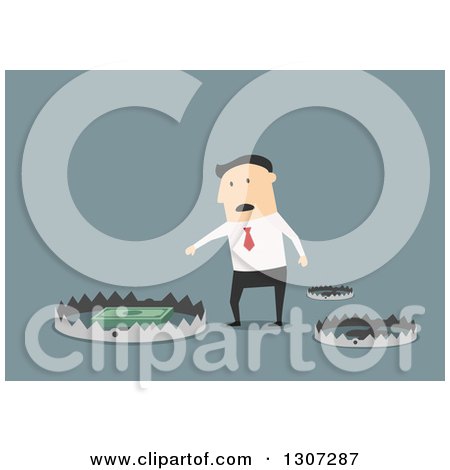 Clipart of a Flat Design White Businessman Reaching for Cash in a Trap, on Blue - Royalty Free Vector Illustration by Vector Tradition SM