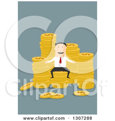 Clipart of a Flat Design of a White Businessman with Stacks of Coins on Blue - Royalty Free Vector Illustration by Vector Tradition SM