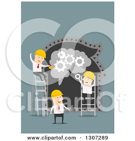 Clipart of a Flat Design of Builder Businessmen Teamwork and Cooperation Concept Repairing a Brain - Royalty Free Vector Illustration by Vector Tradition SM