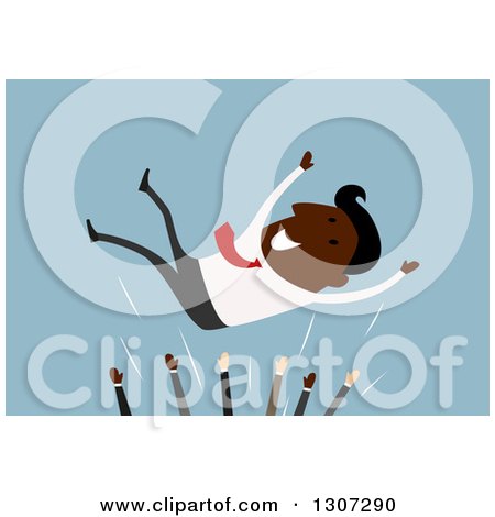 Clipart of a Flat Design Black Businessman Being Tossed up by Colleagues, on Blue - Royalty Free Vector Illustration by Vector Tradition SM