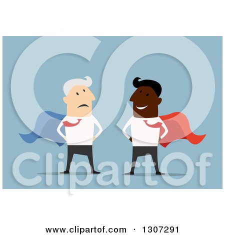 Clipart of a Flat Design Happy Young Black Business Man Super Hero and Old Senior White Man on Blue - Royalty Free Vector Illustration by Vector Tradition SM