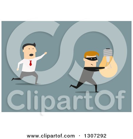 Clipart of a Flat Design of a Man Chasing After a Robber That Stole His Idea, on Blue - Royalty Free Vector Illustration by Vector Tradition SM