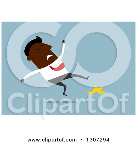 Clipart of a Flat Design Black Businessman Slipping on a Banana Peel, over Blue - Royalty Free Vector Illustration by Vector Tradition SM