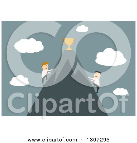 Clipart of a Flat Design of Businessmen Climbing Opposite Sides of a Mountain to Reach the Trophy at the Top, over Blue - Royalty Free Vector Illustration by Vector Tradition SM
